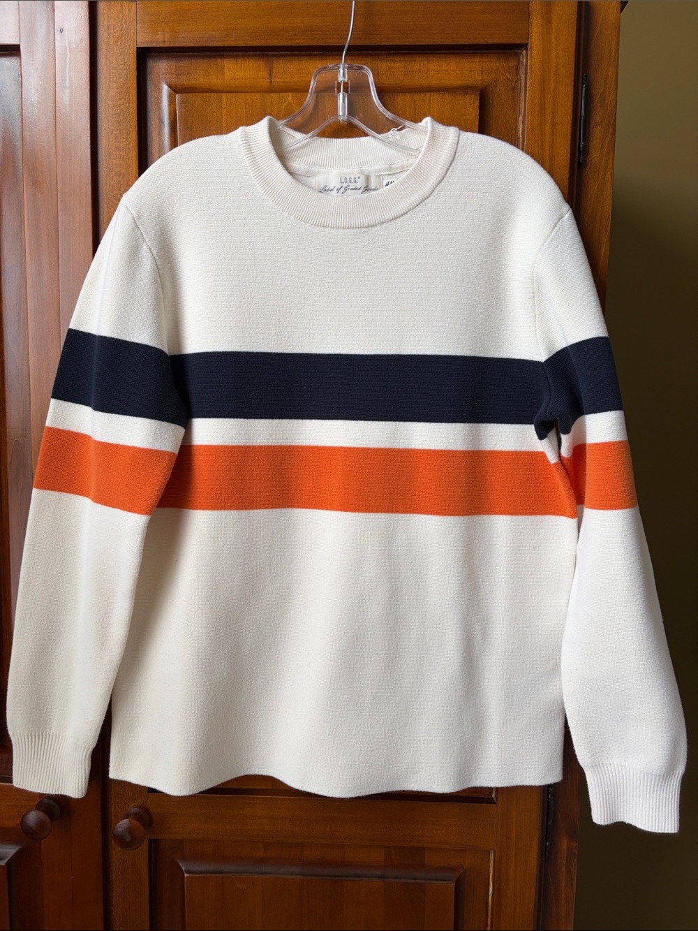 Men’s H&M Cream Crewneck Sweater with Navy & Orange Stripes